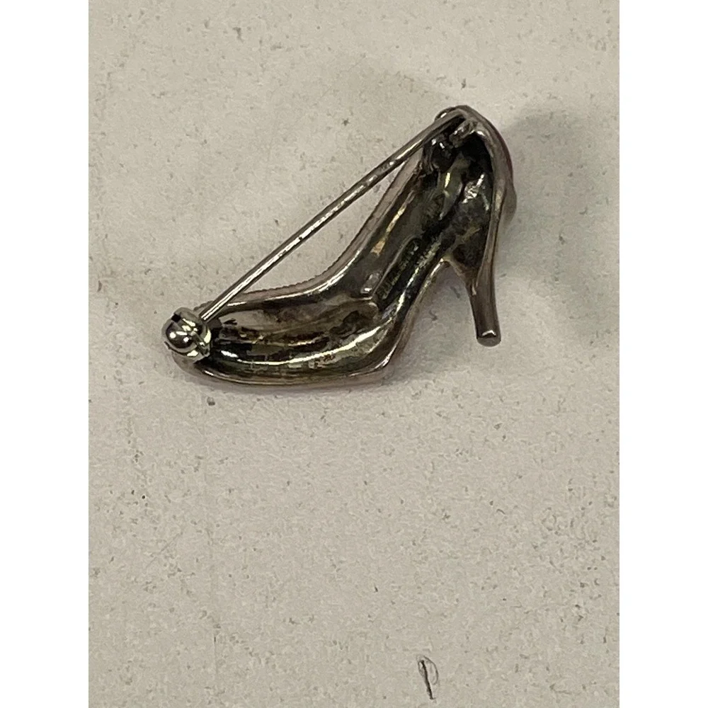 High Heel Shoe Brooch Sterling Silver Red Enamel Marcasite Style Costume Pin